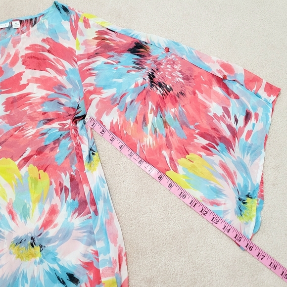 Susan Graver Women's M Sheer Floral Split Sleeve Blouse Top Multicolor Pullover - Picture 9 of 11